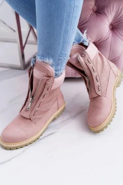 Damskie Trapery|Czarne Botki></noscript>Boto Lu Boo Damskie Zamszowe Timberki Pudrowy Róż Trapery Suwaki Nancy