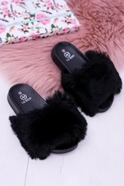 Outlet Boto Lu Boo Dziecięce Czarne Klapki Z Futerkiem Fur XXL Poli