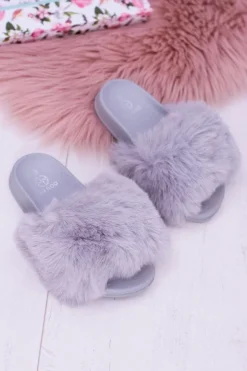 Discount Lu Boo Dziecięce Szare Klapki Z Futerkiem Fur XXL Poli Damskie Dziewczęce|Klapki Z Futerkiem