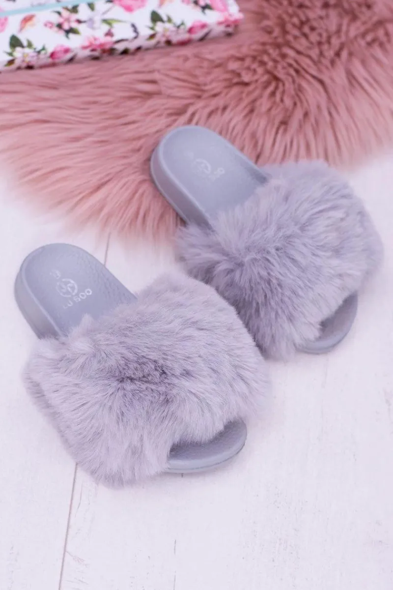 Discount Lu Boo Dziecięce Szare Klapki Z Futerkiem Fur XXL Poli Damskie Dziewczęce|Klapki Z Futerkiem