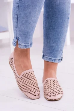 Clearance Lu Boo Różowe Ażurowe Baleriny Lordsy Ćwieki Carmar Damskie Mokasyny Damskie Zamszowe|Baleriny Klasyczne