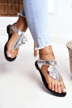 Clearance Lu Boo Sandałki Metaliczne Japonki Na Rzepy Lottie Damskie Sandały Płaskie