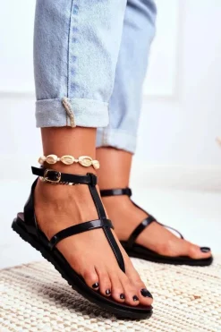 New Lu Boo Sandałki Rzymianki Japonki Lento Czarne Damskie Sandały Gumowe|Sandały Płaskie