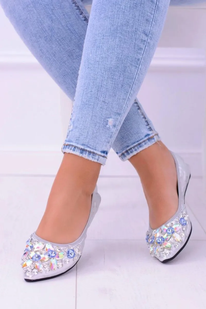 Baleriny Klasyczne>Boto Lu Boo Srebrne Balerinki na Gumce Kamienie Even