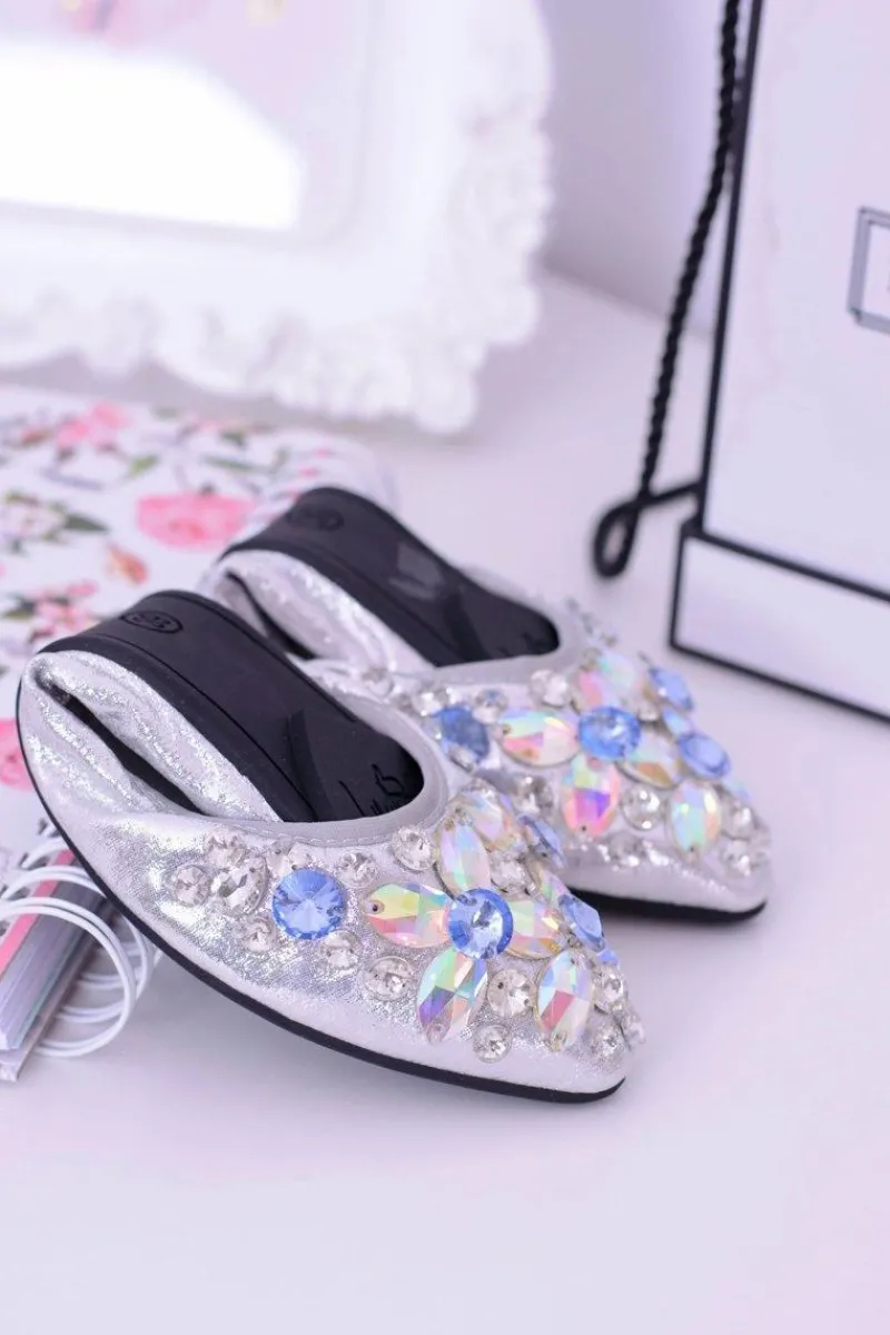 Baleriny Klasyczne>Boto Lu Boo Srebrne Balerinki na Gumce Kamienie Even