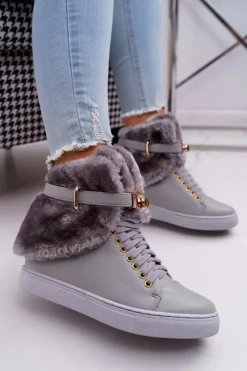 Botki Na Koturnie|Botki Sznurowane>Boto Lu Boo Szare Botki z Futerkiem Gisele