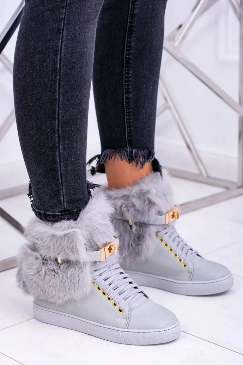 Botki Na Koturnie|Botki Sznurowane>Boto Lu Boo Szare Botki z Naturalnym Futrem Gisele