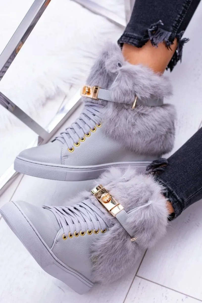 Botki Na Koturnie|Botki Sznurowane>Boto Lu Boo Szare Botki z Naturalnym Futrem Gisele