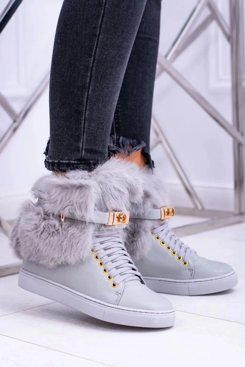 Botki Na Koturnie|Botki Sznurowane>Boto Lu Boo Szare Botki z Naturalnym Futrem Gisele