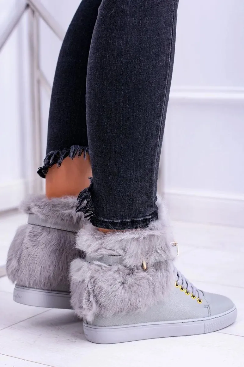 Botki Na Koturnie|Botki Sznurowane>Boto Lu Boo Szare Botki z Naturalnym Futrem Gisele