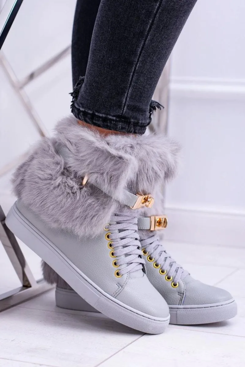 Botki Na Koturnie|Botki Sznurowane>Boto Lu Boo Szare Botki z Naturalnym Futrem Gisele