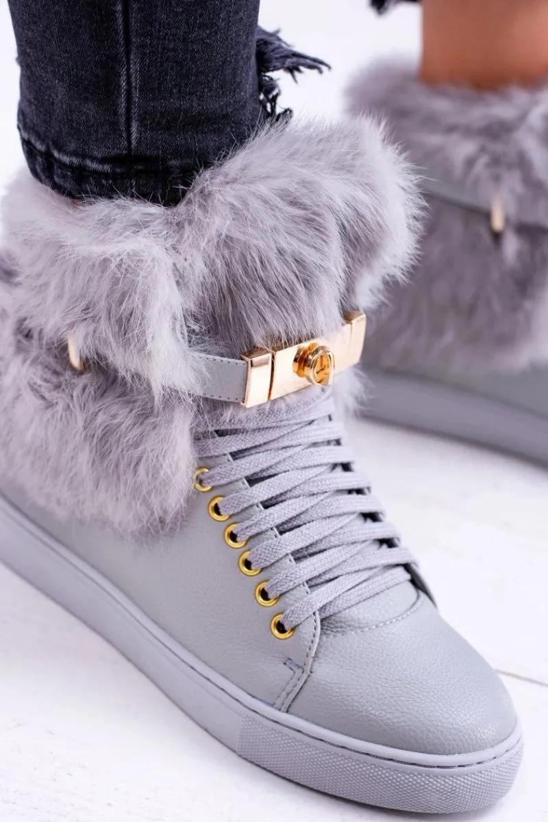 Botki Na Koturnie|Botki Sznurowane>Boto Lu Boo Szare Botki z Naturalnym Futrem Gisele
