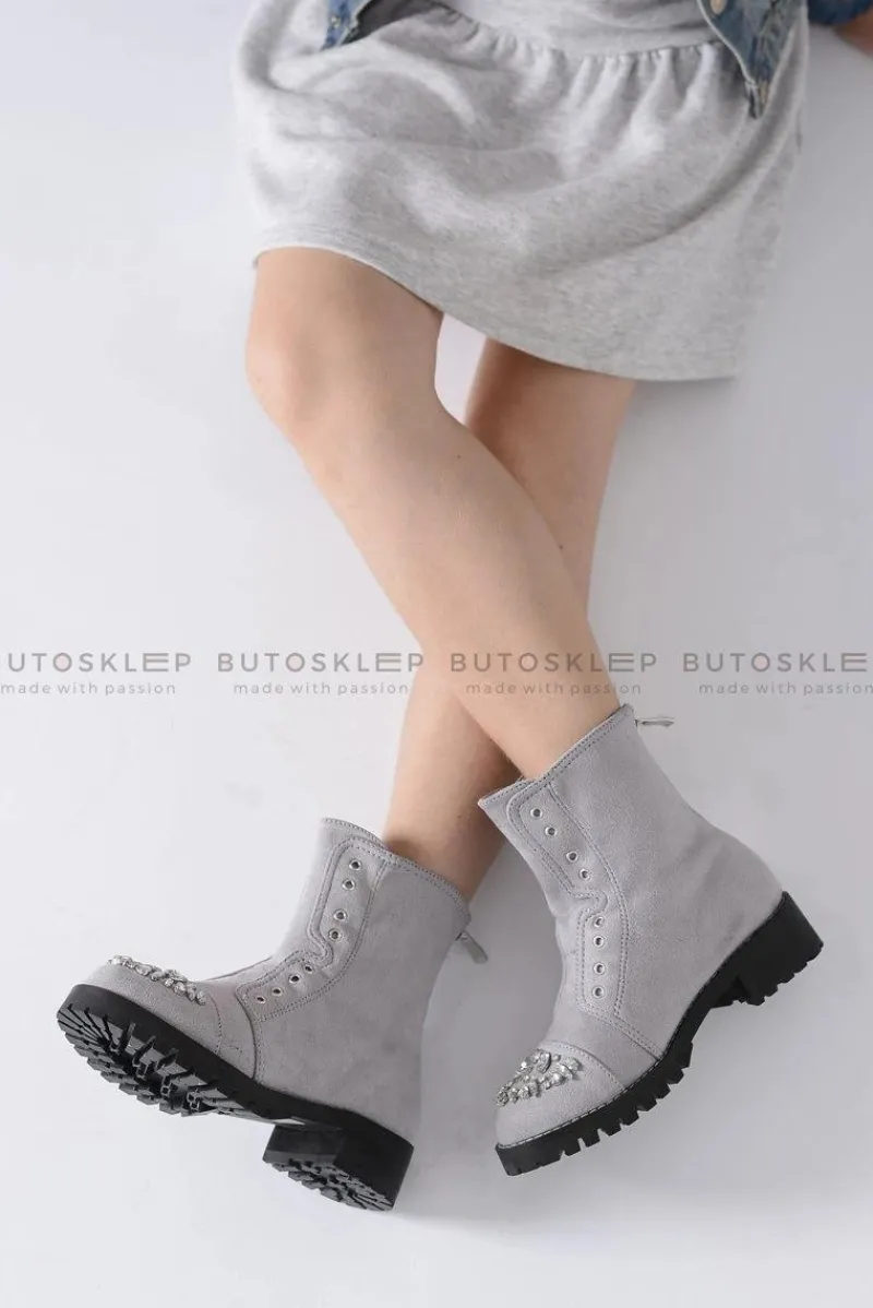 Hot Boto Lu Boo Szare Dziecięce Botki Za Kostkę z Cyrkoniami LittleCarrie