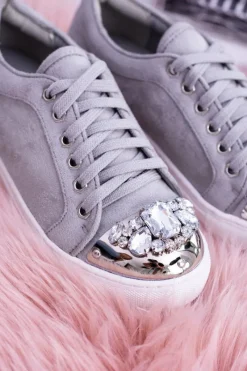 Trampki Damskie Niskie>Boto Lu Boo Szare Trampki z Błyszczącymi Kryształami