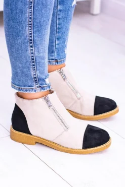 Hot Lu Boo Zamszowe Beżowe Botki Z Suwakami Inez Damskie Brązowe I Beżowe Botki|Botki Płaskie