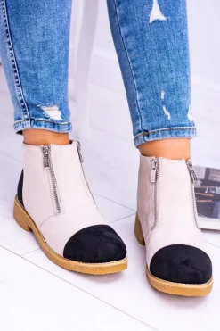 Hot Lu Boo Zamszowe Beżowe Botki Z Suwakami Inez Damskie Brązowe I Beżowe Botki|Botki Płaskie