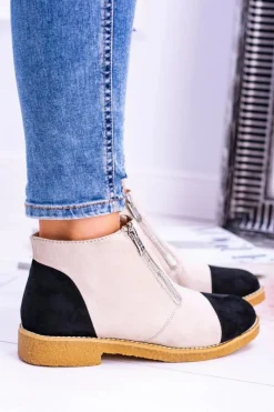 Hot Lu Boo Zamszowe Beżowe Botki Z Suwakami Inez Damskie Brązowe I Beżowe Botki|Botki Płaskie