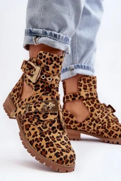 Clearance Lu Boo Zamszowe Botki Z Wycięciami Panterka Rock Girl Damskie Brązowe I Beżowe Botki|Botki Płaskie