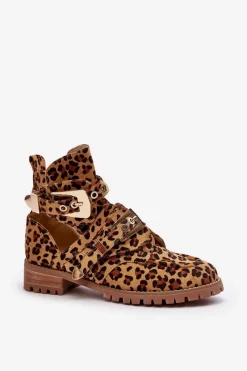 Clearance Lu Boo Zamszowe Botki Z Wycięciami Panterka Rock Girl Damskie Brązowe I Beżowe Botki|Botki Płaskie