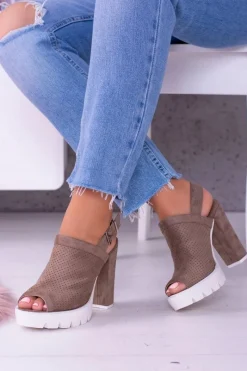 Hot Boto Lu Boo Zamszowe Sandały na Słupku Khaki Emare