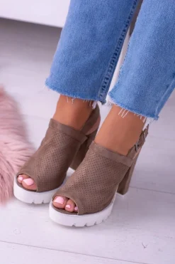 Hot Boto Lu Boo Zamszowe Sandały na Słupku Khaki Emare