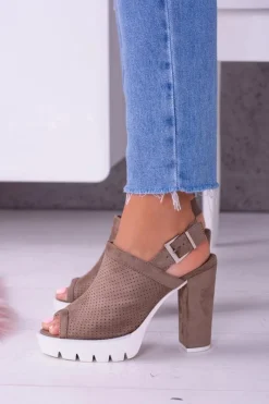 Hot Boto Lu Boo Zamszowe Sandały na Słupku Khaki Emare