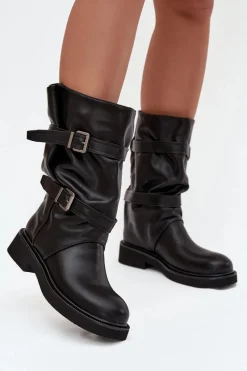 Clearance Boto Marszczone Kozaki Damskie Do Połowy Łyski Z Paskami I Klamrami Czarne Halvessa Czarny