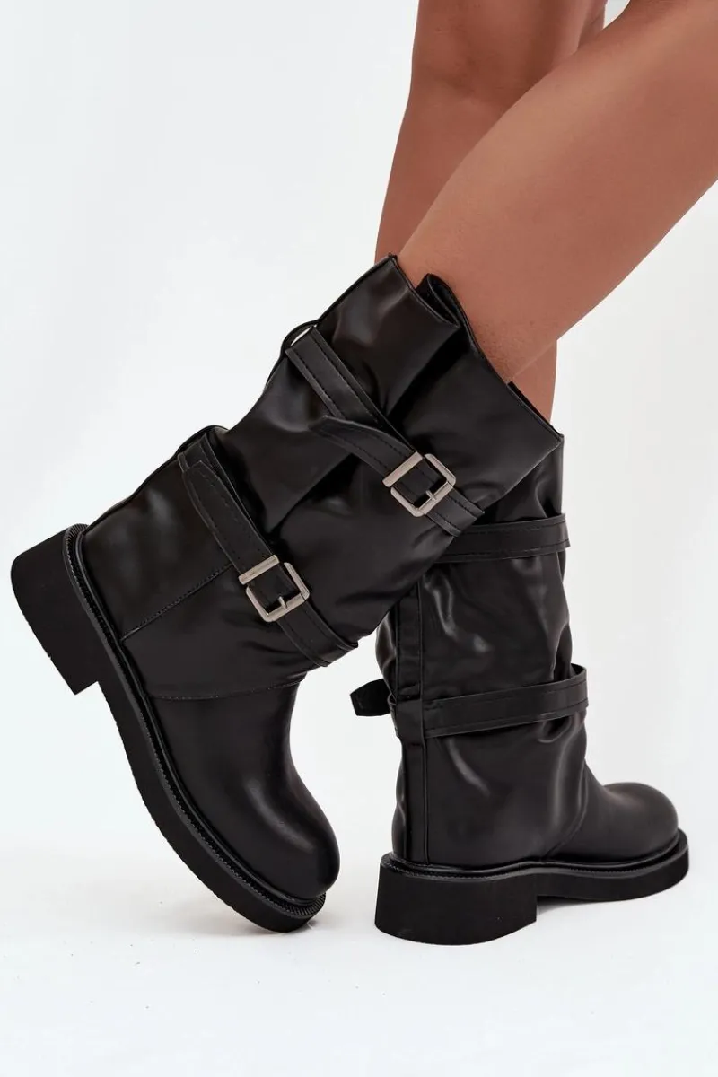 Clearance Boto Marszczone Kozaki Damskie Do Połowy Łyski Z Paskami I Klamrami Czarne Halvessa Czarny