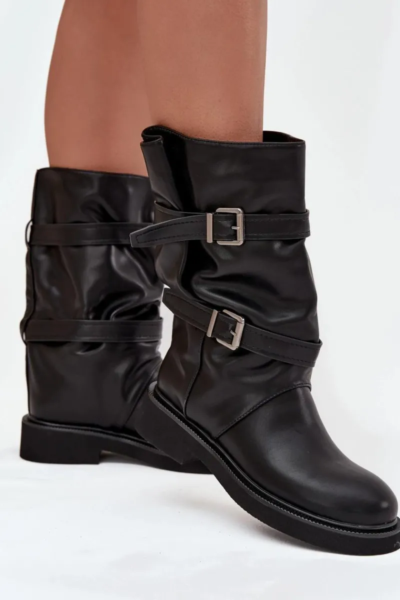 Clearance Boto Marszczone Kozaki Damskie Do Połowy Łyski Z Paskami I Klamrami Czarne Halvessa Czarny