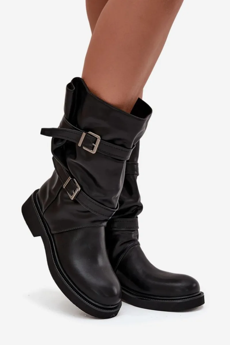 Clearance Boto Marszczone Kozaki Damskie Do Połowy Łyski Z Paskami I Klamrami Czarne Halvessa Czarny