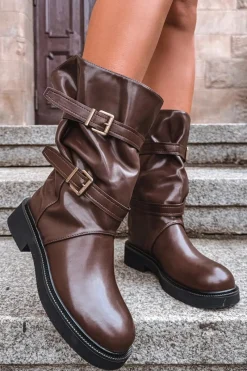 Online Marszczone Kozaki Damskie Do Połowy Łyski Z Paskami I Klamrami Brązowe Halvessa Damskie Kozaki Ocieplane|Kozaki Płaskie