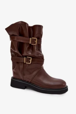 Online Marszczone Kozaki Damskie Do Połowy Łyski Z Paskami I Klamrami Brązowe Halvessa Damskie Kozaki Ocieplane|Kozaki Płaskie