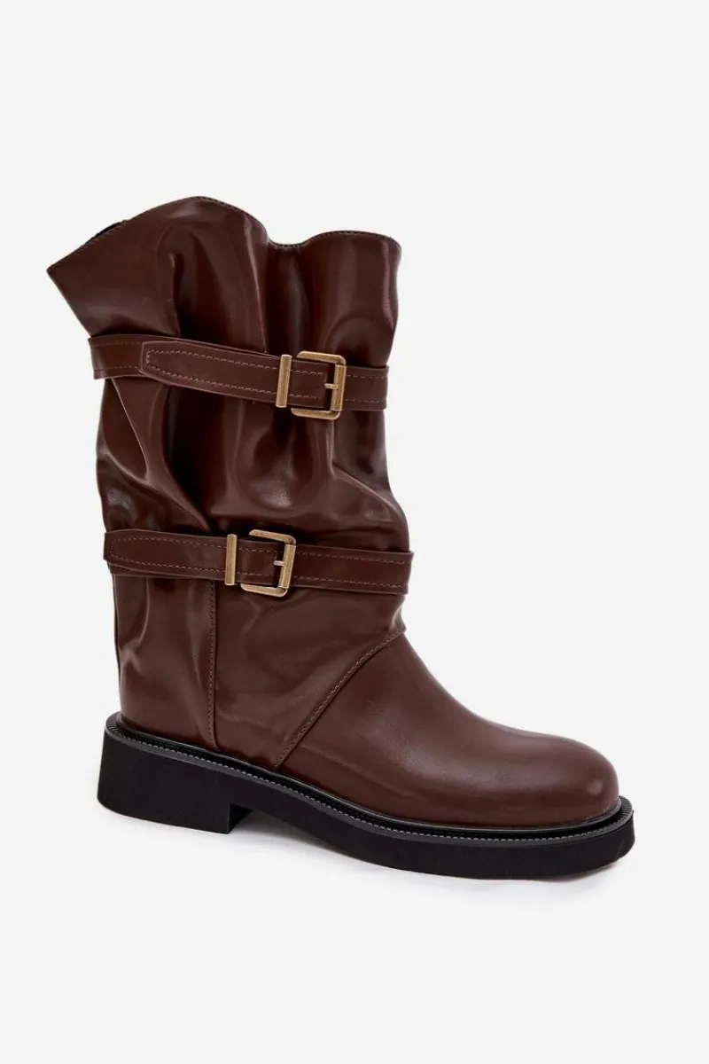 Online Marszczone Kozaki Damskie Do Połowy Łyski Z Paskami I Klamrami Brązowe Halvessa Damskie Kozaki Ocieplane|Kozaki Płaskie