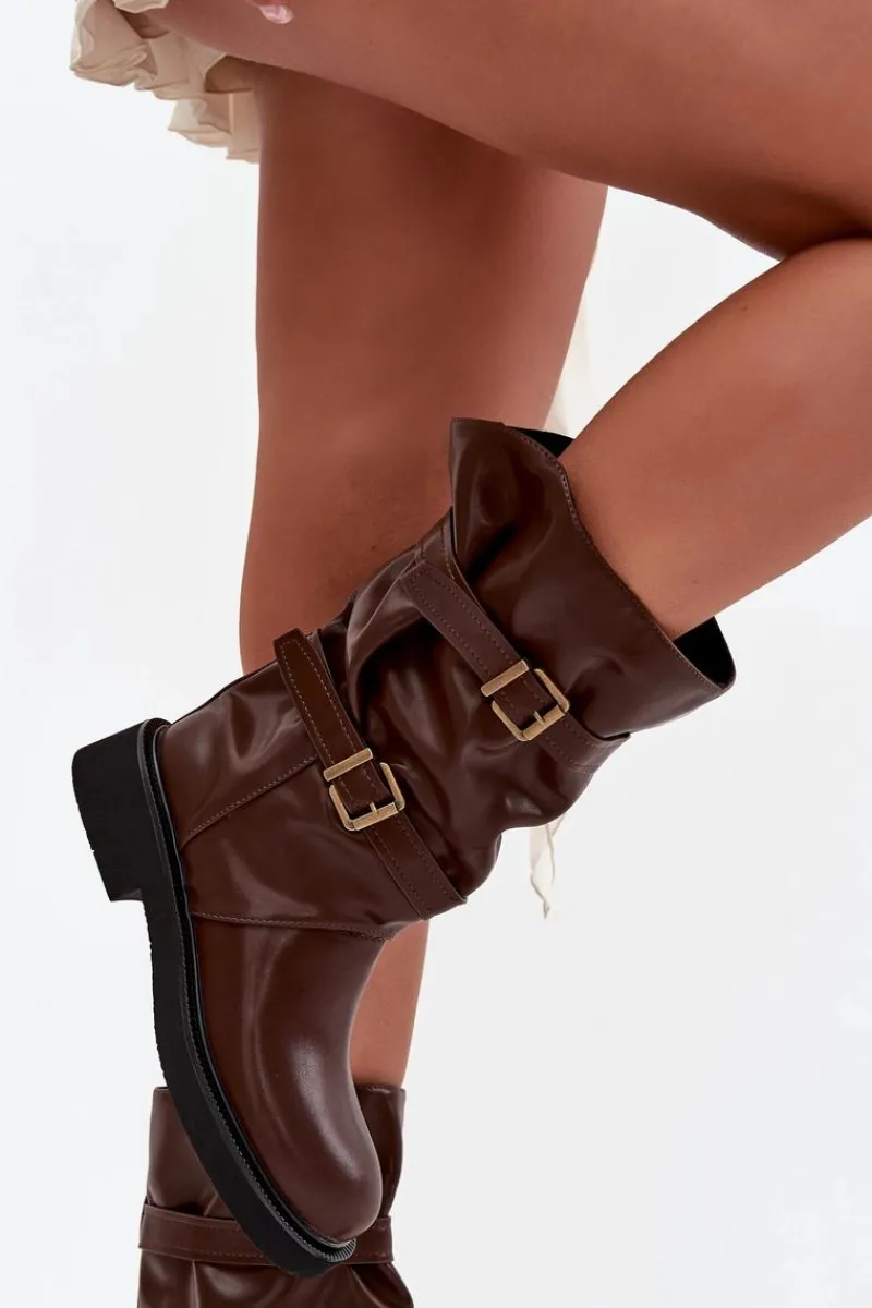 Online Marszczone Kozaki Damskie Do Połowy Łyski Z Paskami I Klamrami Brązowe Halvessa Damskie Kozaki Ocieplane|Kozaki Płaskie