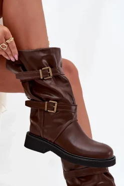 Online Marszczone Kozaki Damskie Do Połowy Łyski Z Paskami I Klamrami Brązowe Halvessa Damskie Kozaki Ocieplane|Kozaki Płaskie