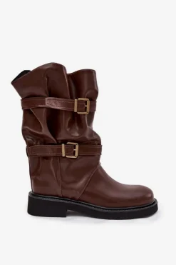 Online Marszczone Kozaki Damskie Do Połowy Łyski Z Paskami I Klamrami Brązowe Halvessa Damskie Kozaki Ocieplane|Kozaki Płaskie