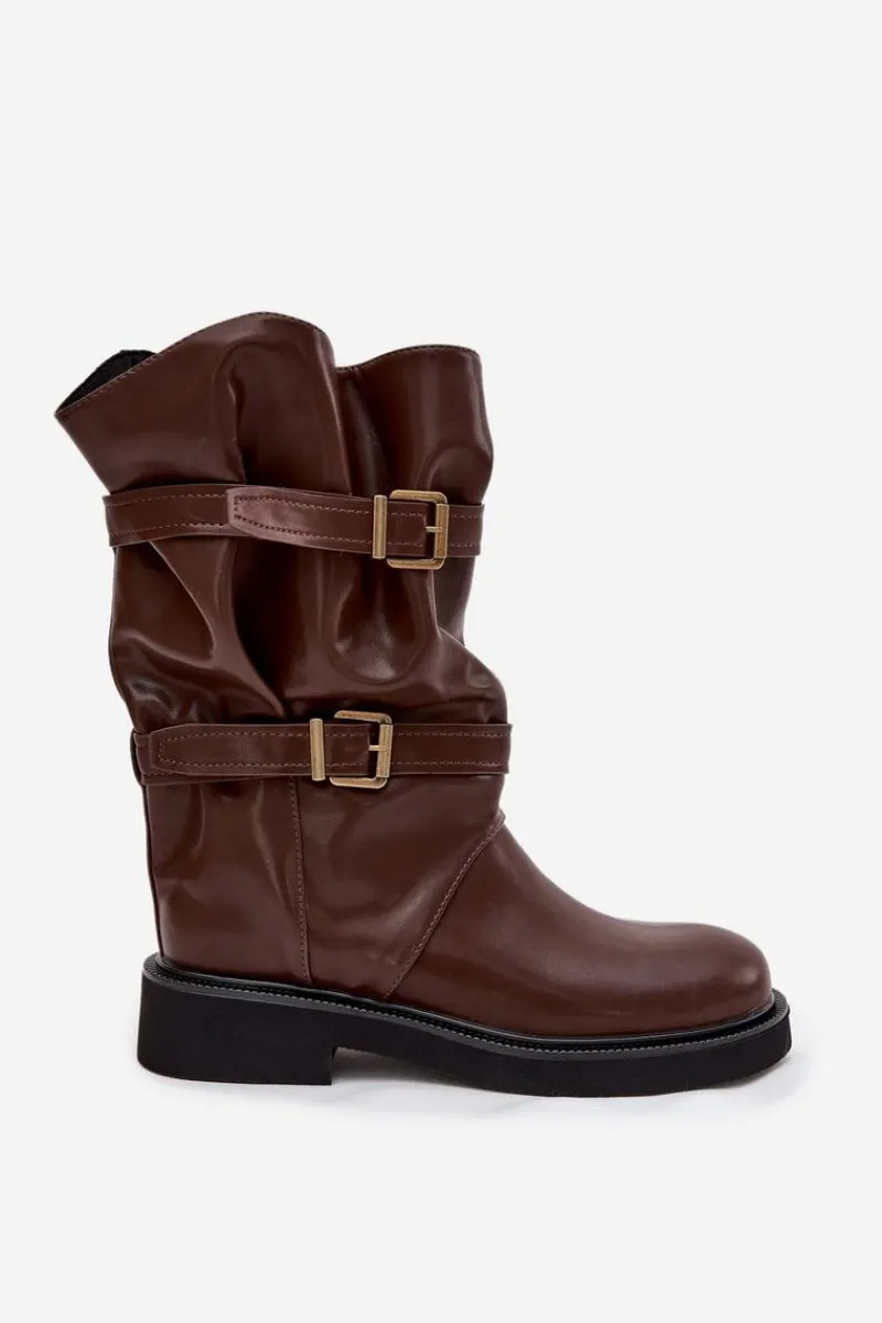 Online Marszczone Kozaki Damskie Do Połowy Łyski Z Paskami I Klamrami Brązowe Halvessa Damskie Kozaki Ocieplane|Kozaki Płaskie