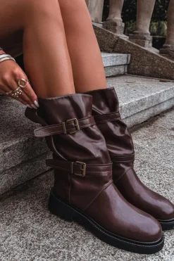 Online Marszczone Kozaki Damskie Do Połowy Łyski Z Paskami I Klamrami Brązowe Halvessa Damskie Kozaki Ocieplane|Kozaki Płaskie