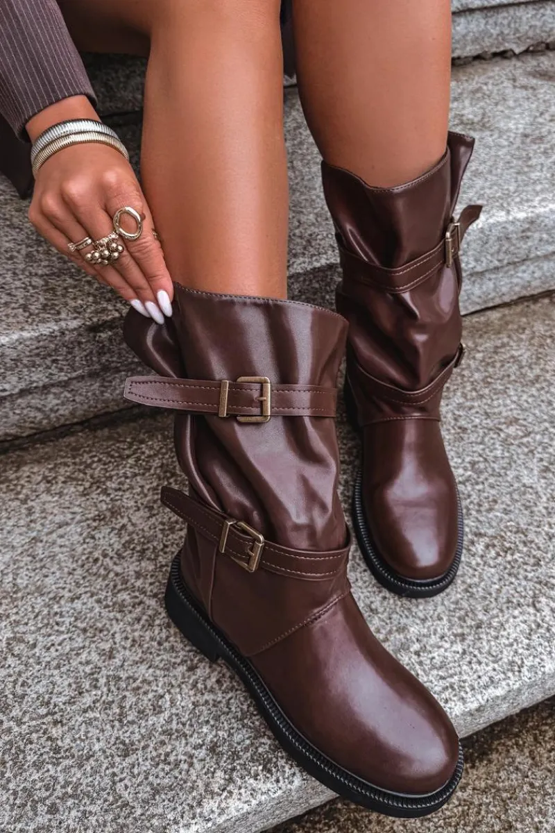 Online Marszczone Kozaki Damskie Do Połowy Łyski Z Paskami I Klamrami Brązowe Halvessa Damskie Kozaki Ocieplane|Kozaki Płaskie