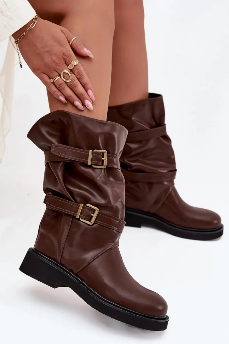 Online Marszczone Kozaki Damskie Do Połowy Łyski Z Paskami I Klamrami Brązowe Halvessa Damskie Kozaki Ocieplane|Kozaki Płaskie