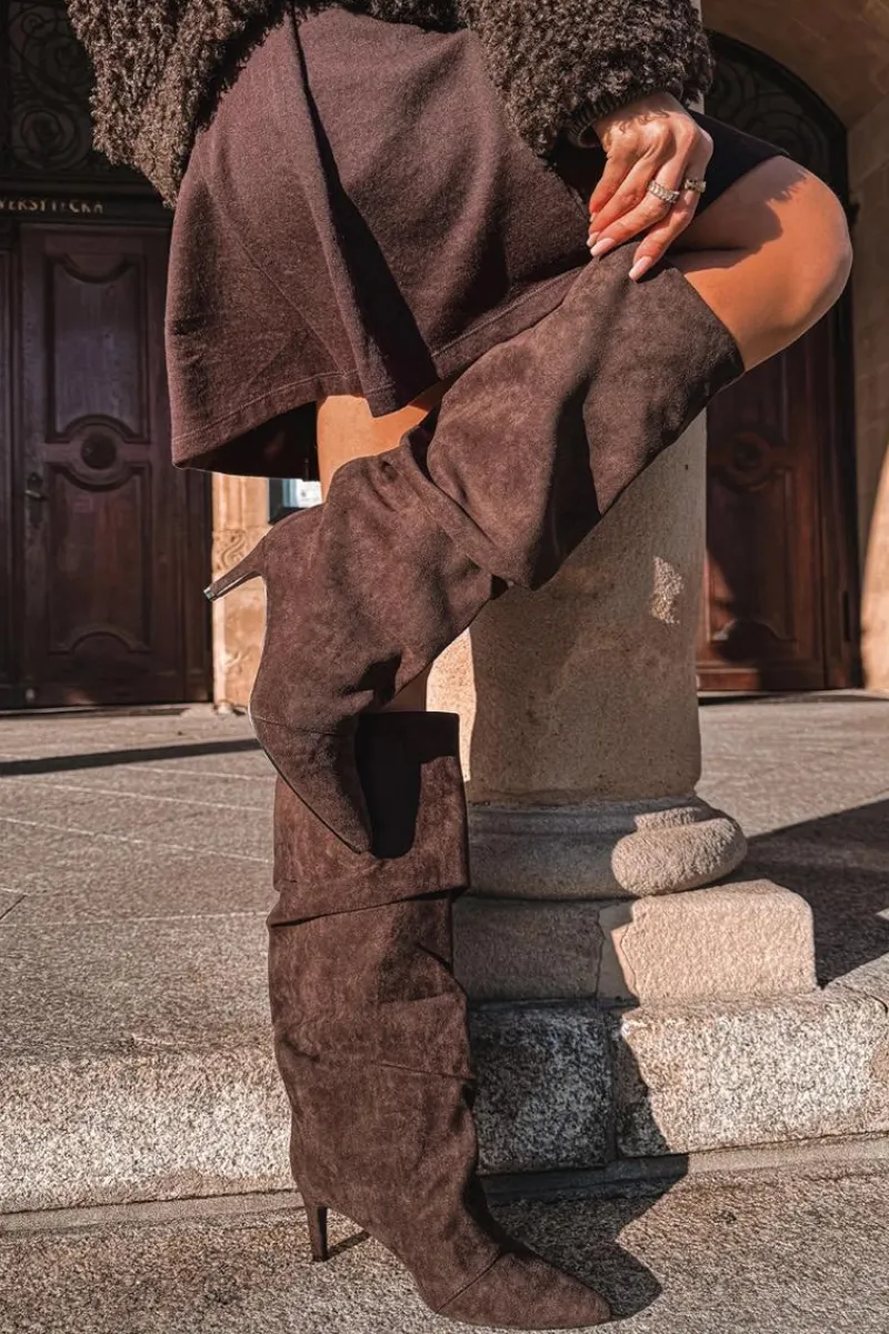 Kozaki Ocieplane|Kozaki Na Szpilce>Boto Marszczone Kozaki Na Szpilce Z Eko Zamszu Ocieplane Czekoladowe Mavella Brązowy