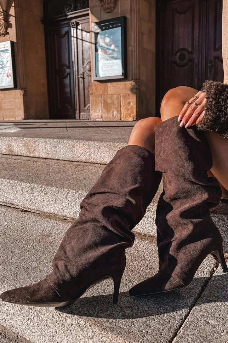 Kozaki Ocieplane|Kozaki Na Szpilce>Boto Marszczone Kozaki Na Szpilce Z Eko Zamszu Ocieplane Czekoladowe Mavella Brązowy