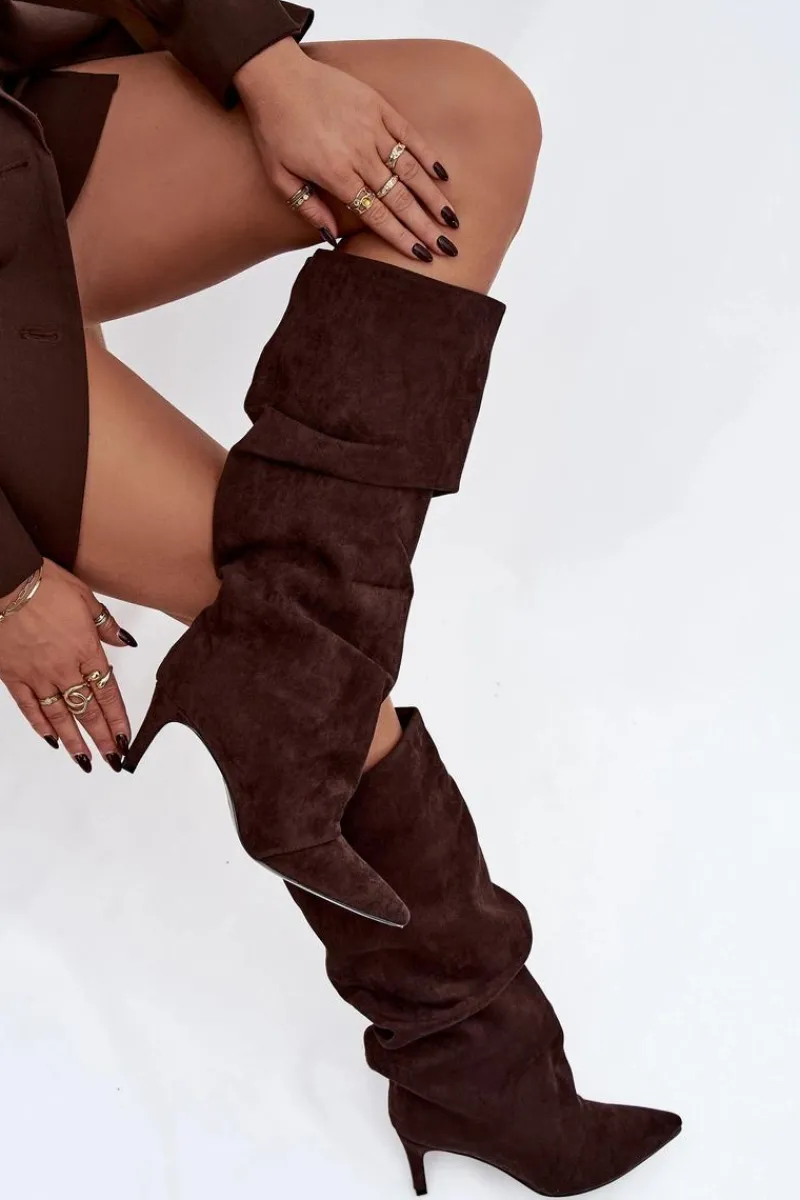 Kozaki Ocieplane|Kozaki Na Szpilce>Boto Marszczone Kozaki Na Szpilce Z Eko Zamszu Ocieplane Czekoladowe Mavella Brązowy