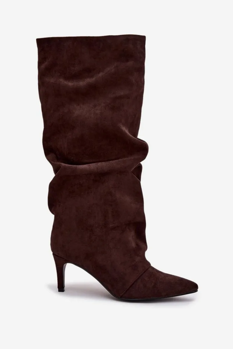 Kozaki Ocieplane|Kozaki Na Szpilce>Boto Marszczone Kozaki Na Szpilce Z Eko Zamszu Ocieplane Czekoladowe Mavella Brązowy