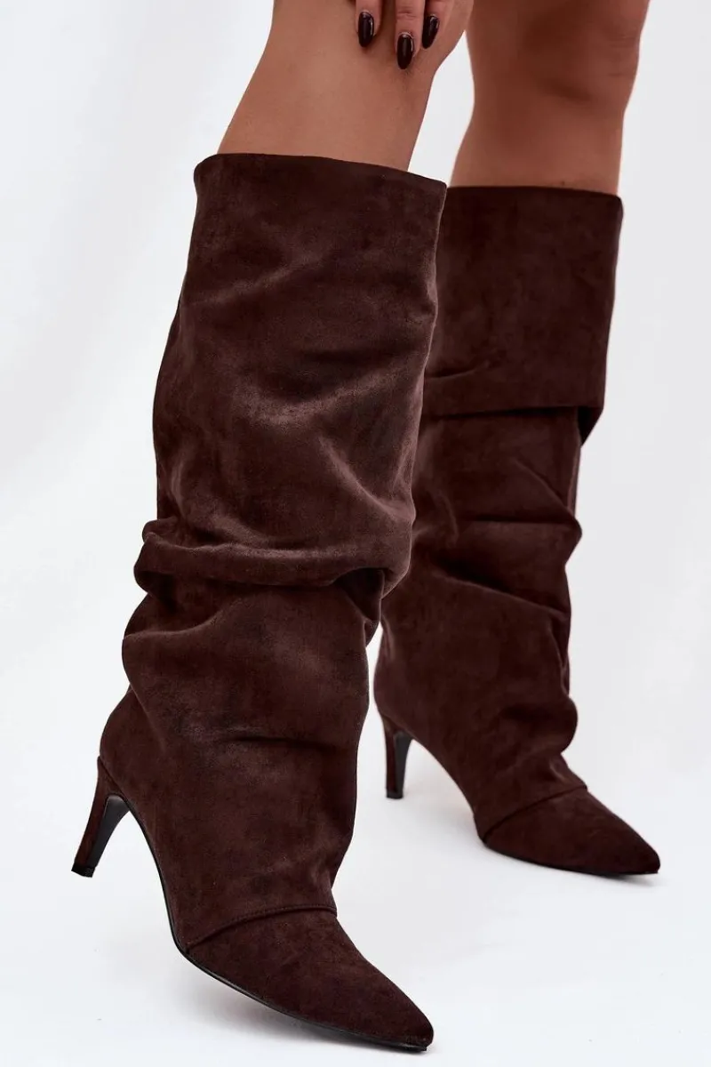 Kozaki Ocieplane|Kozaki Na Szpilce>Boto Marszczone Kozaki Na Szpilce Z Eko Zamszu Ocieplane Czekoladowe Mavella Brązowy