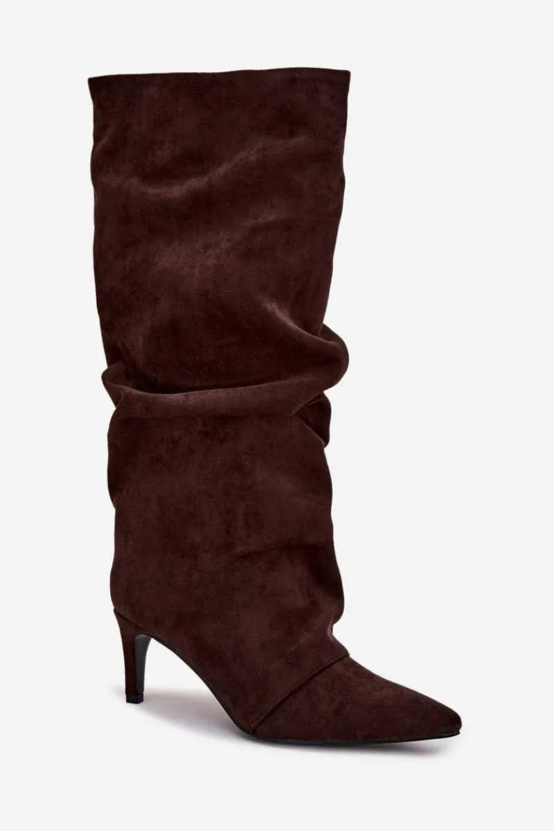 Kozaki Ocieplane|Kozaki Na Szpilce>Boto Marszczone Kozaki Na Szpilce Z Eko Zamszu Ocieplane Czekoladowe Mavella Brązowy