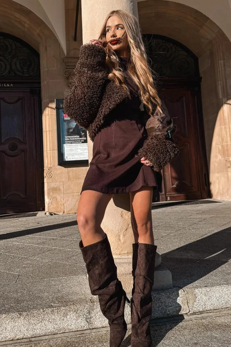 Kozaki Ocieplane|Kozaki Na Szpilce>Boto Marszczone Kozaki Na Szpilce Z Eko Zamszu Ocieplane Czekoladowe Mavella Brązowy