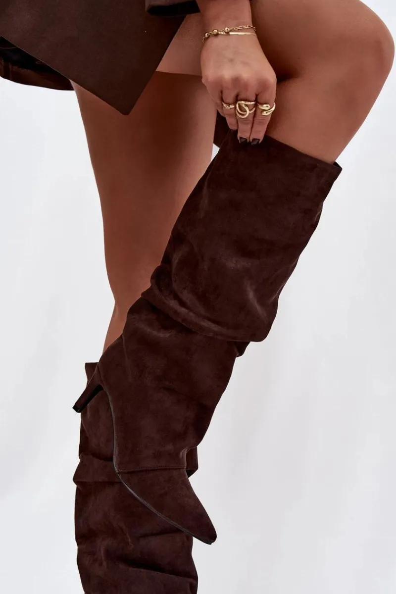 Kozaki Ocieplane|Kozaki Na Szpilce>Boto Marszczone Kozaki Na Szpilce Z Eko Zamszu Ocieplane Czekoladowe Mavella Brązowy