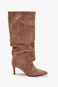 Discount Boto Marszczone Kozaki Na Szpilce Z Eko Zamszu Ocieplane Beżowe Mavella Beżowy