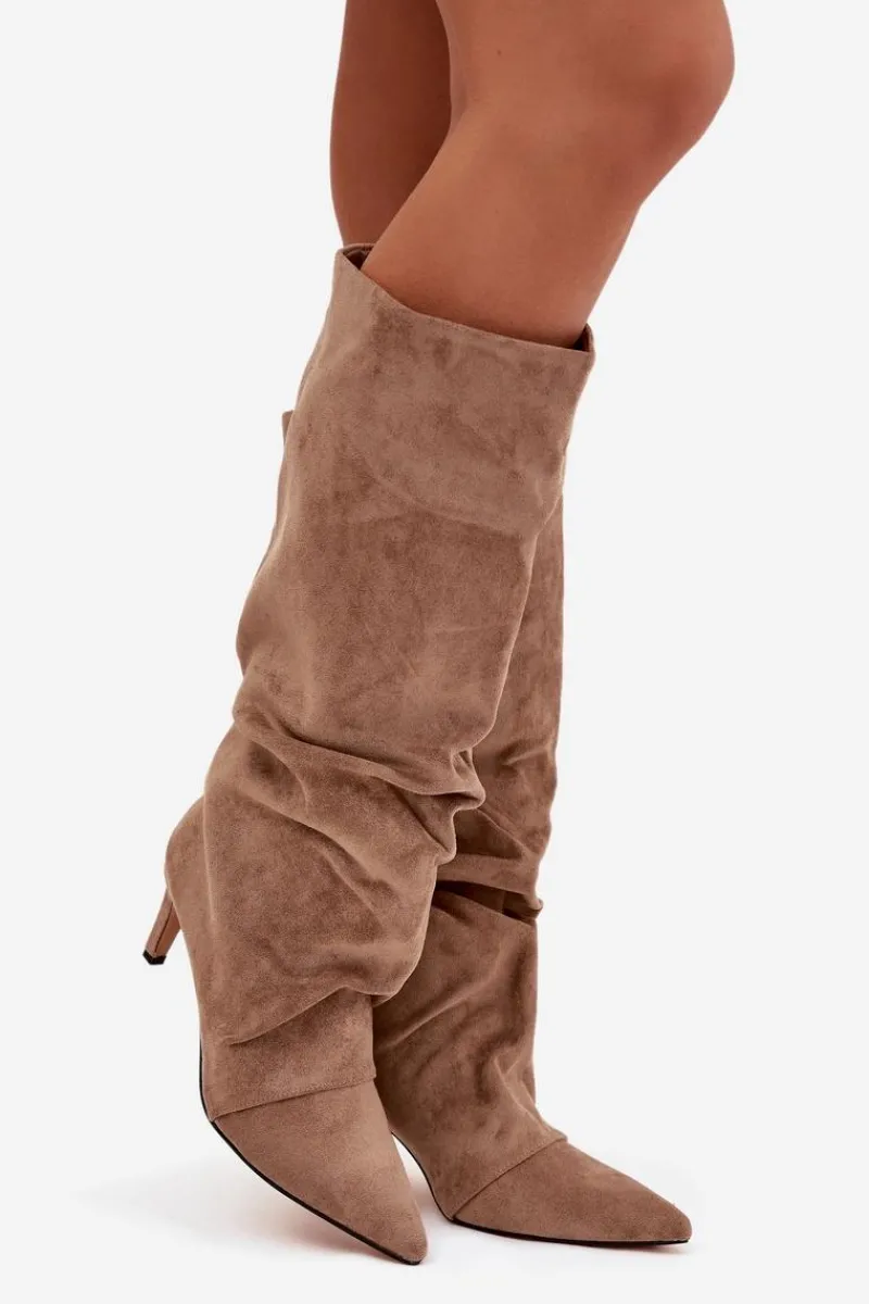 Discount Boto Marszczone Kozaki Na Szpilce Z Eko Zamszu Ocieplane Beżowe Mavella Beżowy